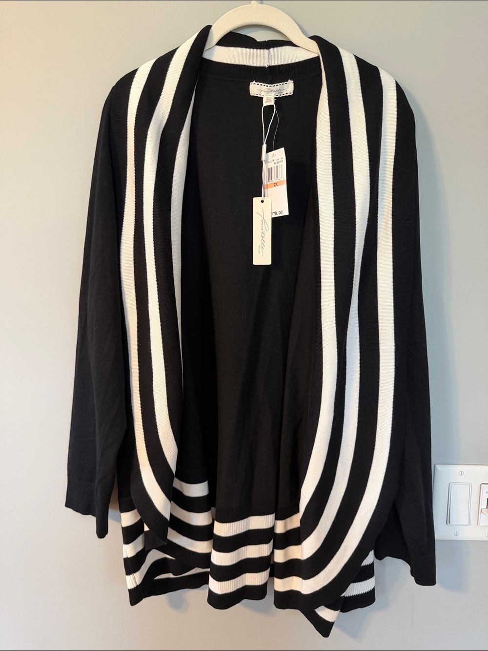 Pointelle: Women’s Black & White Striped Open-Front Women's Cardigan Sweater